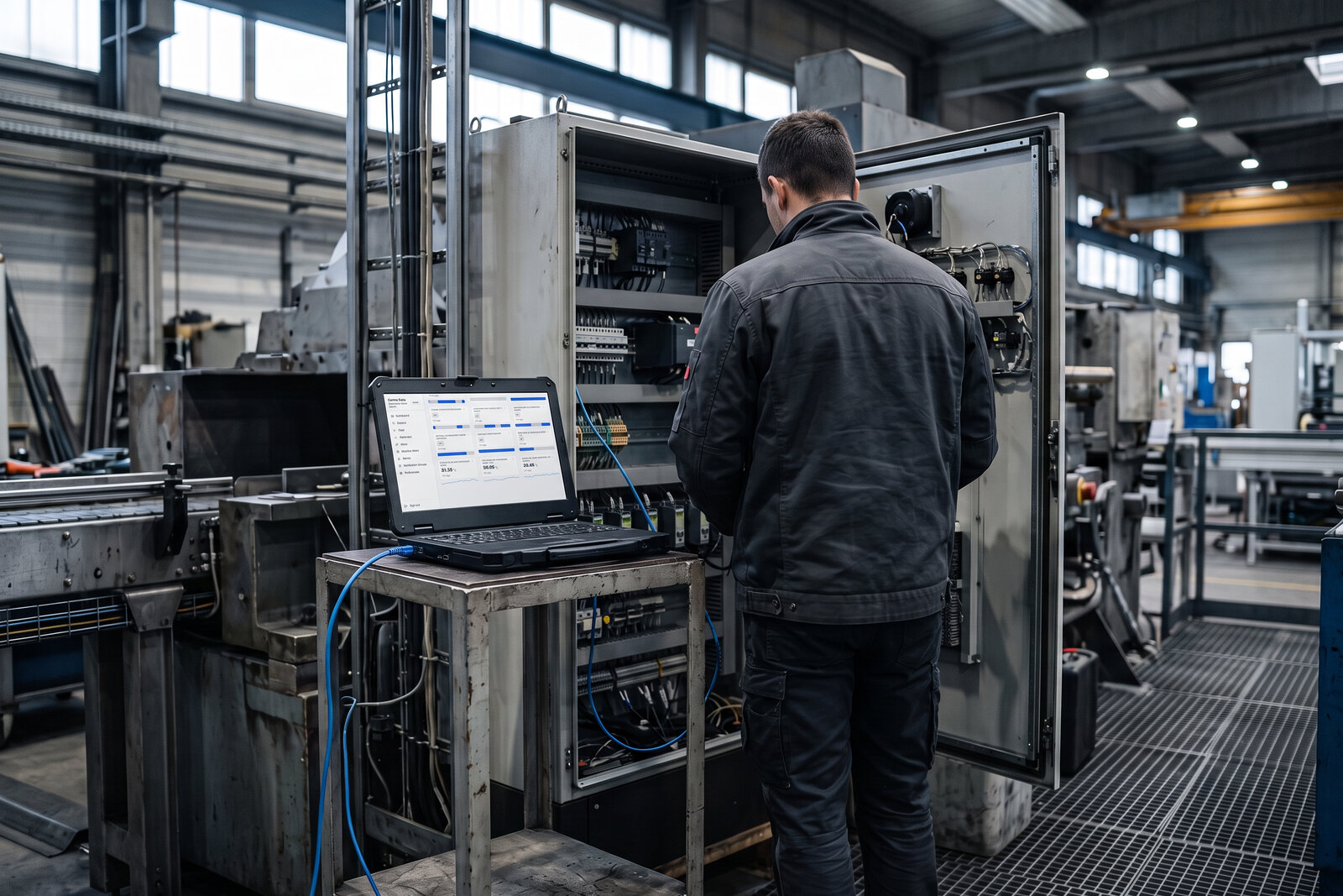 A technician at an open control cabinet with a laptop on a service stand, checking the first live values of a machine in the Mavex portal. Illustrative photo, demo data.