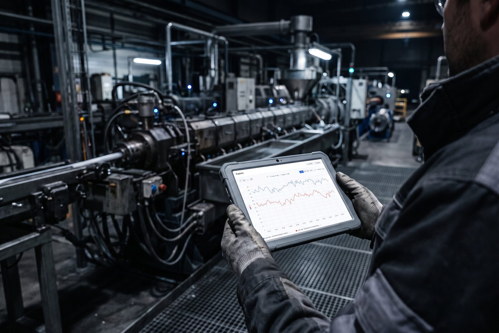A supervisor holding a tablet in front of a running extrusion line at night, the tablet showing an Explore chart of two machine signals. Illustrative photo, demo data.