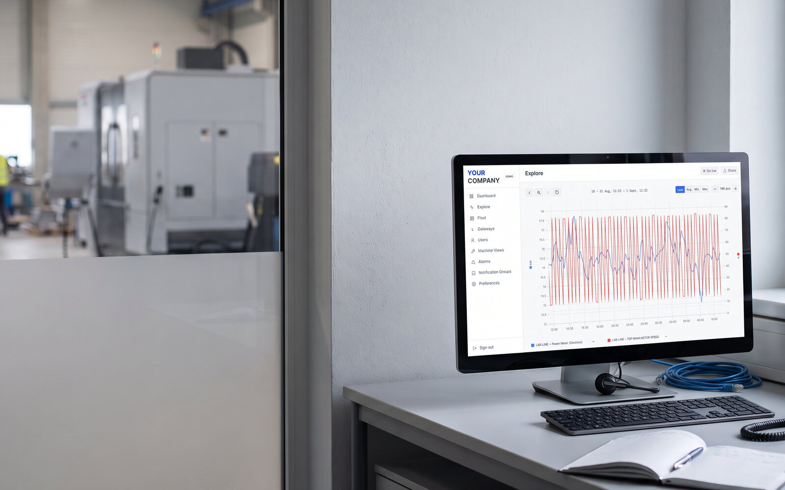 A service engineer's desk by the assembly hall, the monitor showing an Explore chart under the customer's own brand: two machine signals on their own axes. Demo data, illustrative photo.