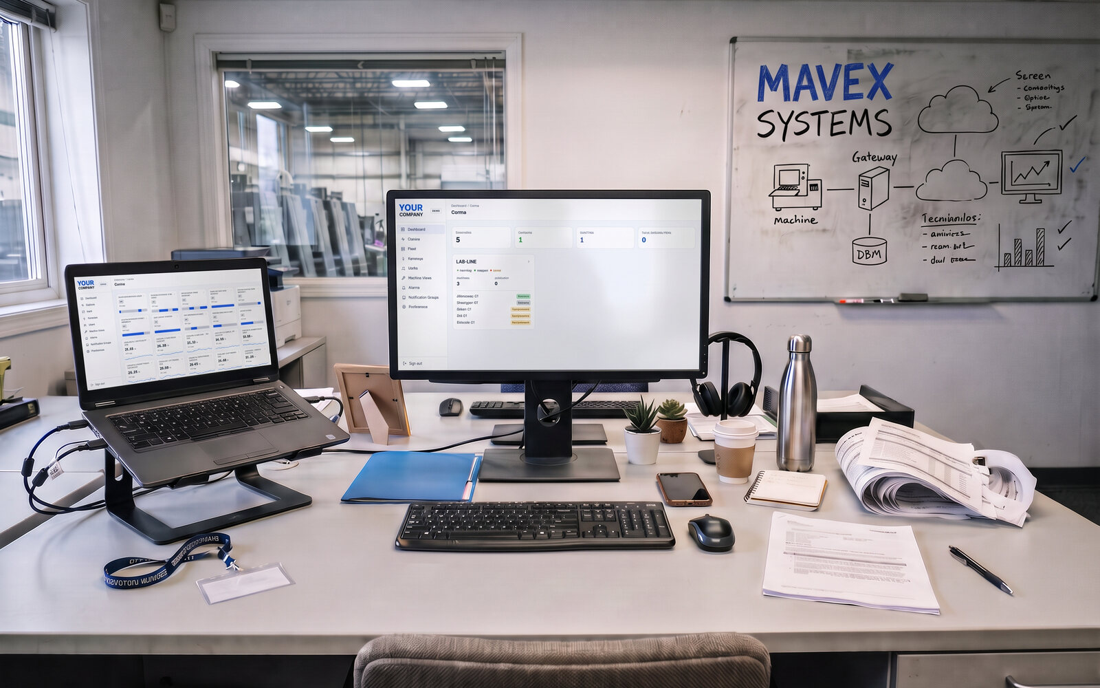 A production manager's desk: a monitor and a docked laptop showing the customer dashboard under the customer's own brand, a Mavex sketch on the whiteboard, the hall through the window. Demo data, illustrative photo.