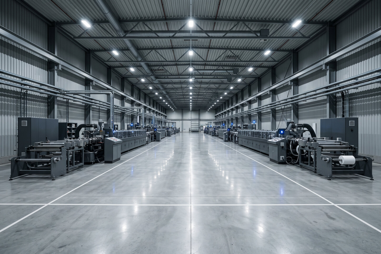 An extrusion hall with several lines side by side under LED lighting. Illustrative photo, not the customer's plant.