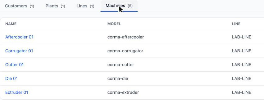 Mavex portal screenshot: the fleet screen listing machines with their machine model and the line they belong to - a further machine of a configured model is added here and inherits everything. Demo data.